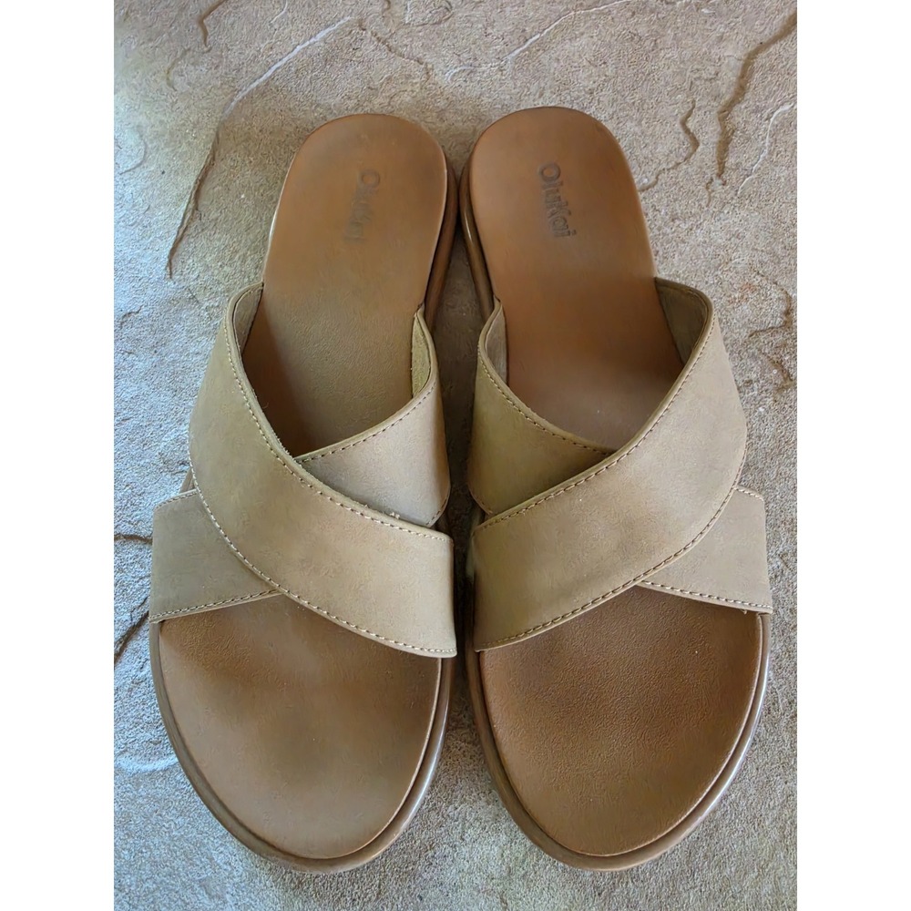 Olukai La'i Slide Sandals Criss Cross Taupe Slides Slip Ons Women's US Size 9 - Picture 3 of 9